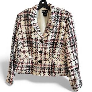 Style & Co Petite Women’s Blazer Jacket Red White Black Tweed Lined 16P